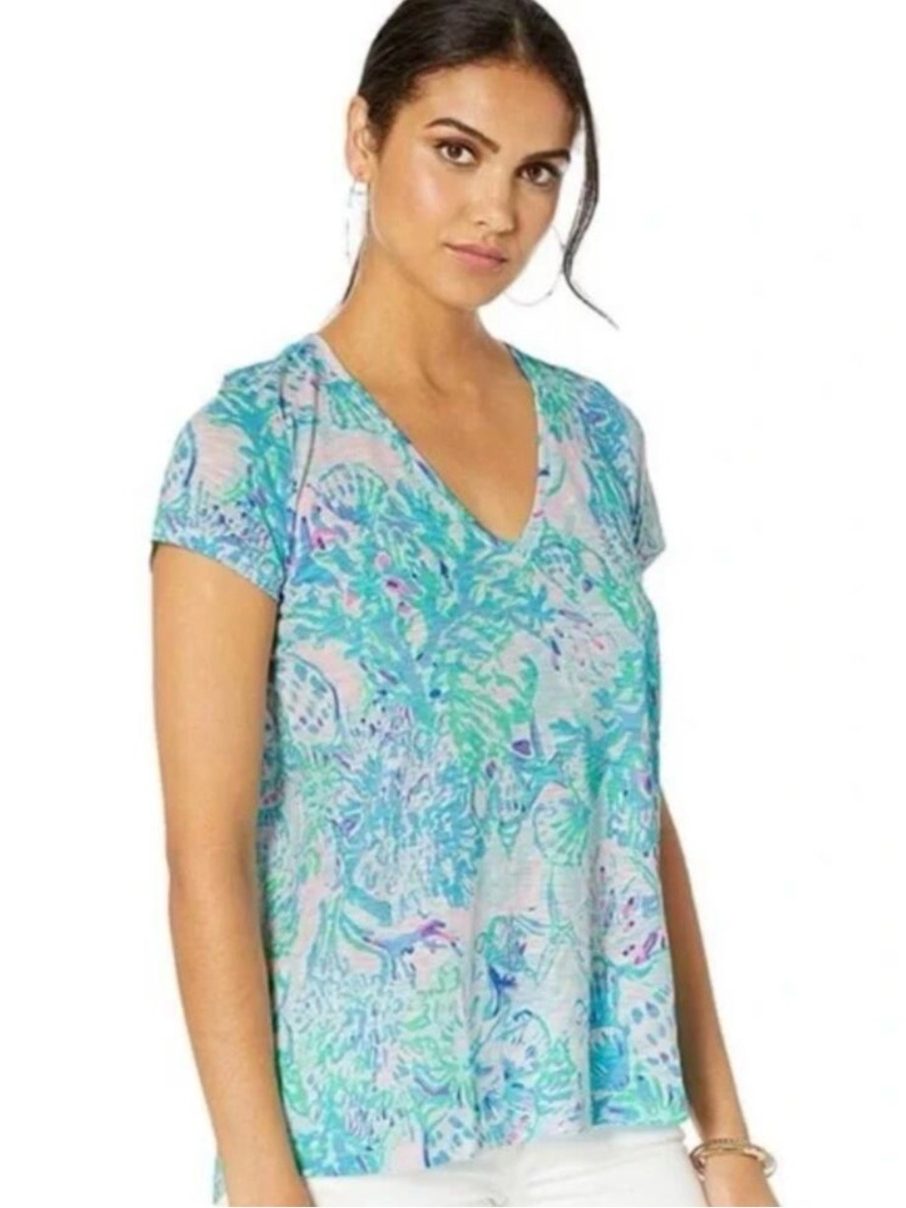 Women’s LILLY PULITZER Etta V-Neck Amethyst Craysea short sleeve top- Size XXS